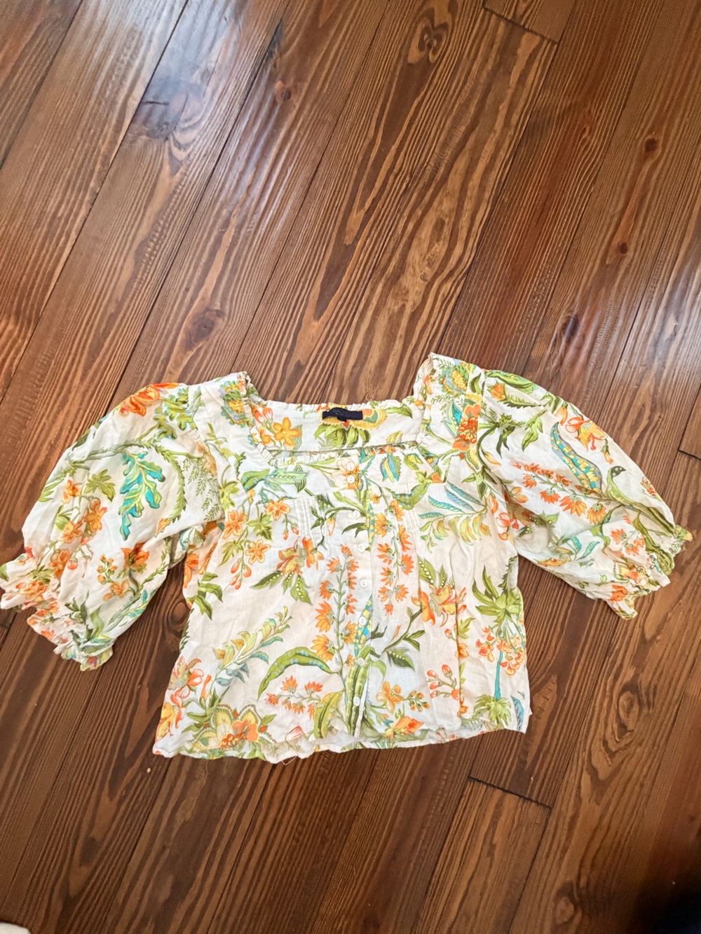 Floral Puff-Sleeve Square Neck Blouse - White with Orange & Green